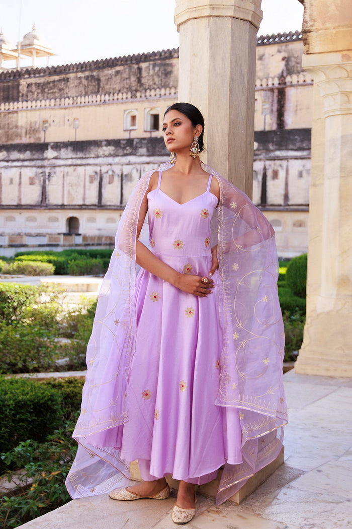 Lavender Cotton Silk Kurta Set With Organza Dupatta
