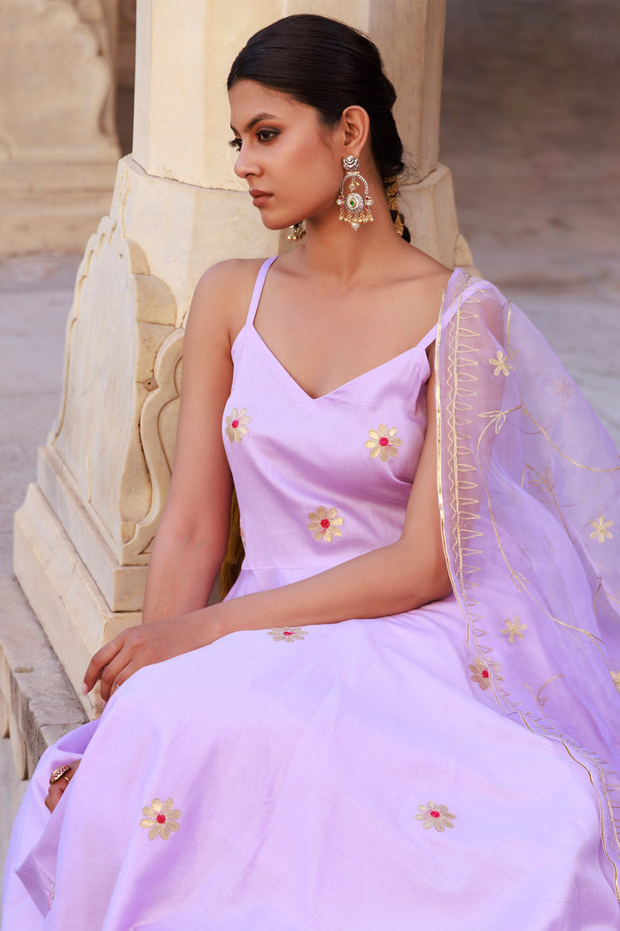 Lavender Cotton Silk Kurta Set With Organza Dupatta