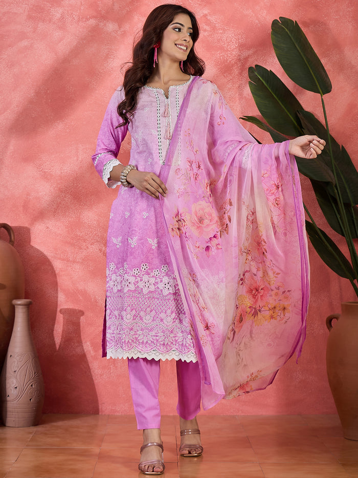 Lavender Embroidered Floral Cotton Kurta Set