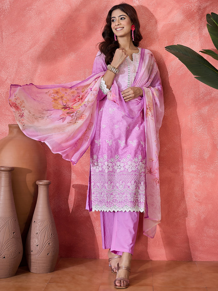 Lavender Embroidered Floral Cotton Kurta Set