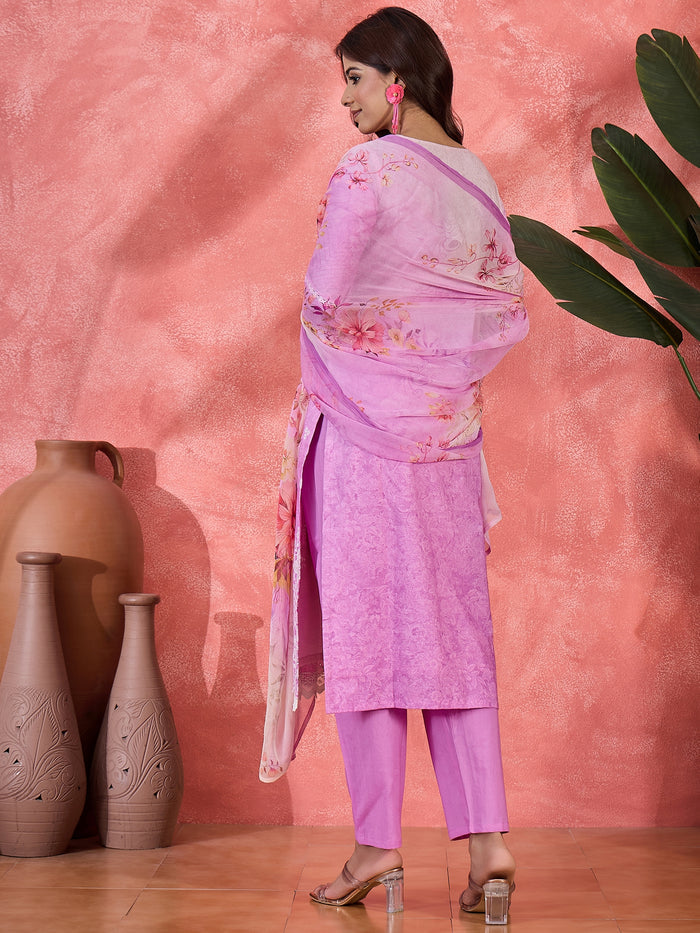 Lavender Embroidered Floral Cotton Kurta Set
