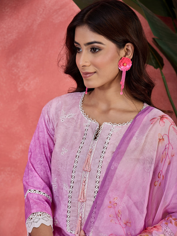 Lavender Embroidered Floral Cotton Kurta Set