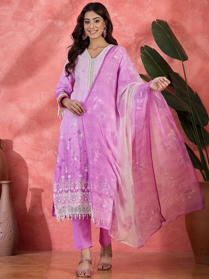 Lavender Floral Cotton Embroidered Kurta Set