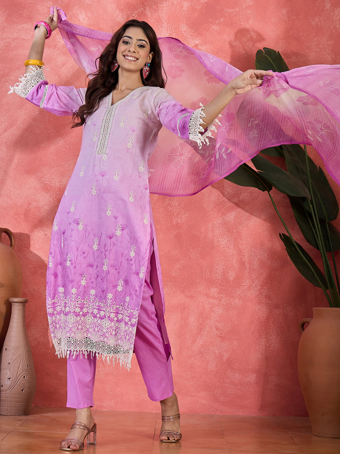 Lavender Floral Cotton Embroidered Kurta Set