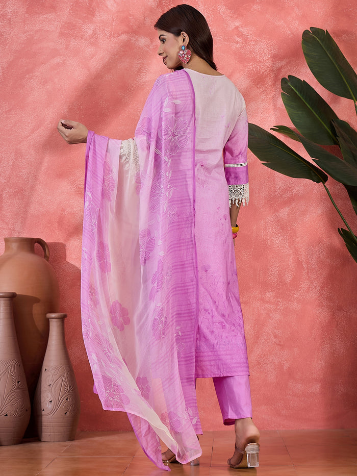 Lavender Floral Cotton Embroidered Kurta Set
