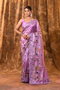 Lavender Floral Embroidered Satin Silk Saree
