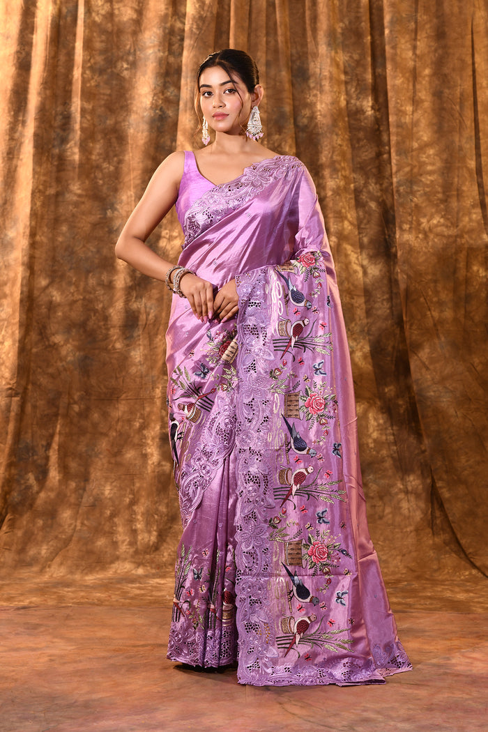 Lavender Floral Embroidered Satin Silk Saree