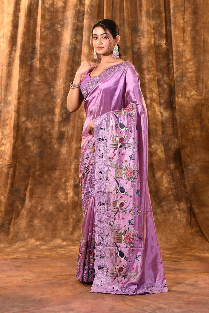 Lavender Floral Embroidered Satin Silk Saree