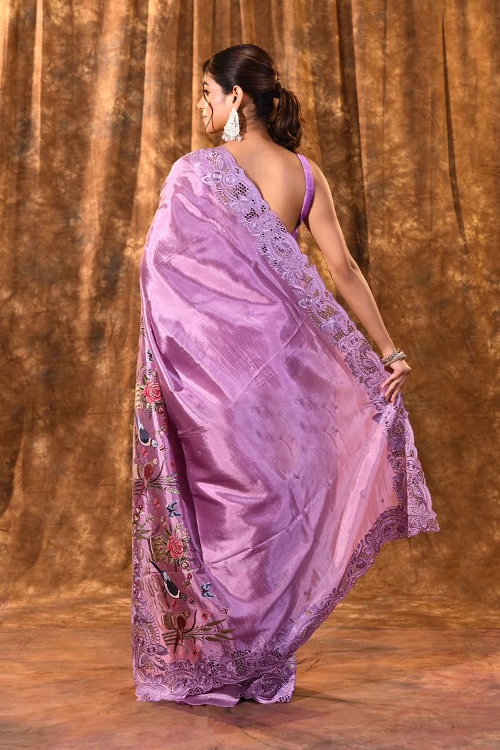 Lavender Floral Embroidered Satin Silk Saree