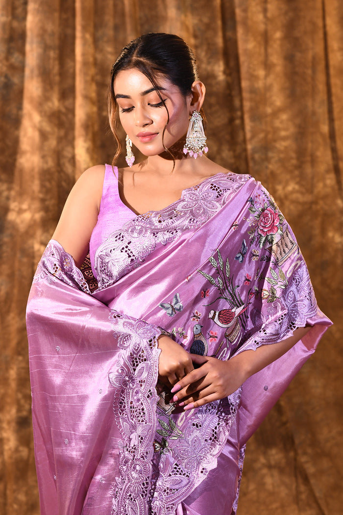 Lavender Floral Embroidered Satin Silk Saree