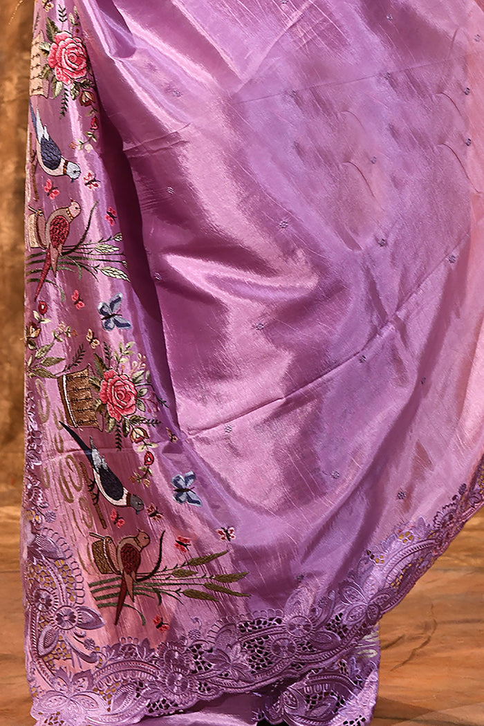 Lavender Floral Embroidered Satin Silk Saree