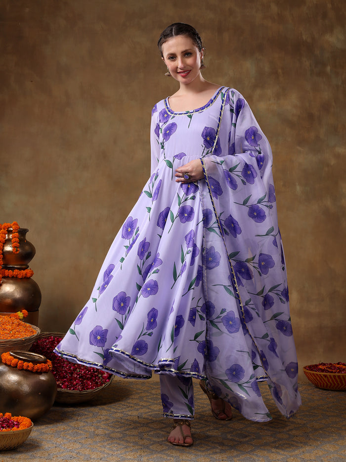 Lavender Floral Printed Georgette Anarkali Set With Gota Trim