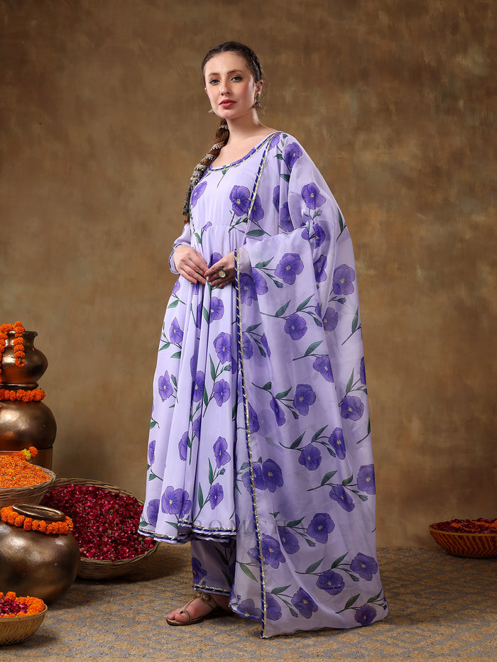 Lavender Floral Printed Georgette Anarkali Set With Gota Trim