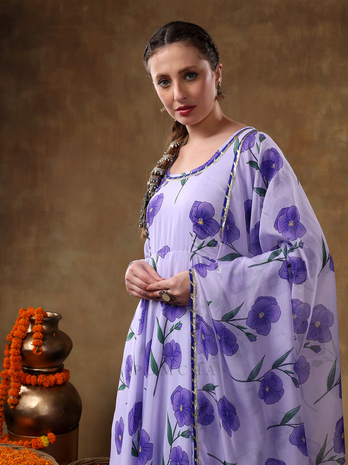Lavender Floral Printed Georgette Anarkali Set With Gota Trim