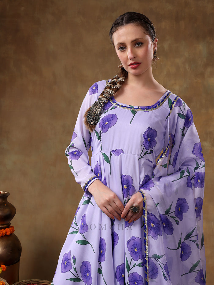 Lavender Floral Printed Georgette Anarkali Set With Gota Trim