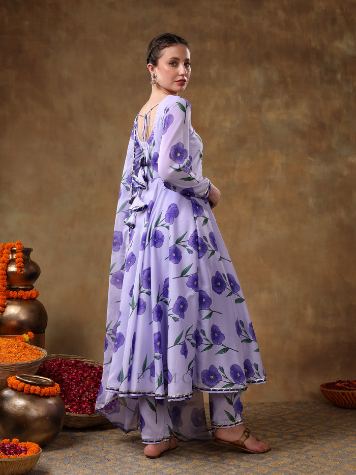 Lavender Floral Printed Georgette Anarkali Set With Gota Trim