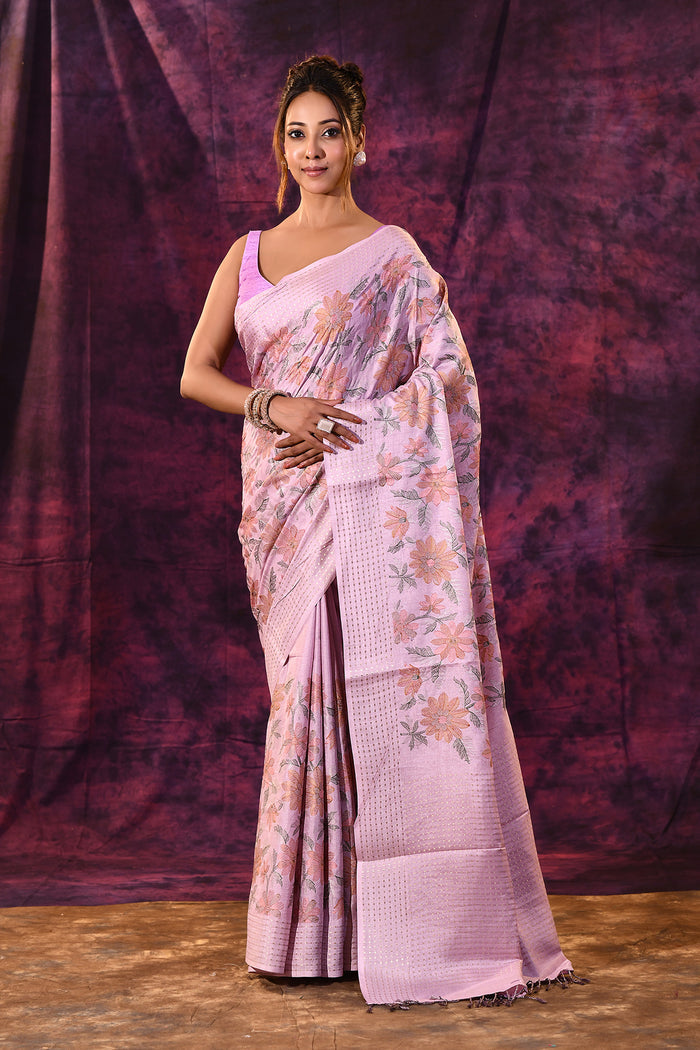 Lavender With Floral Embroidery And Sequin Work Tissue Silk Saree