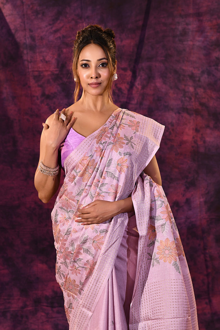 Lavender With Floral Embroidery And Sequin Work Tissue Silk Saree