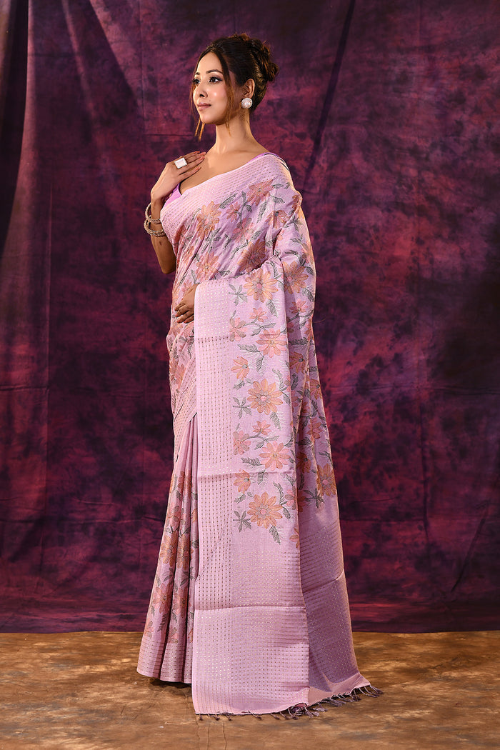 Lavender With Floral Embroidery And Sequin Work Tissue Silk Saree