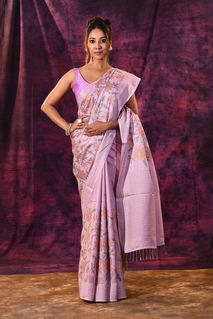Lavender With Floral Embroidery And Sequin Work Tissue Silk Saree
