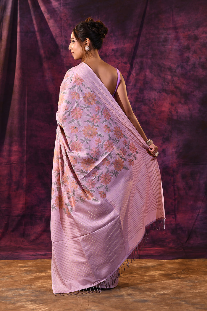 Lavender With Floral Embroidery And Sequin Work Tissue Silk Saree