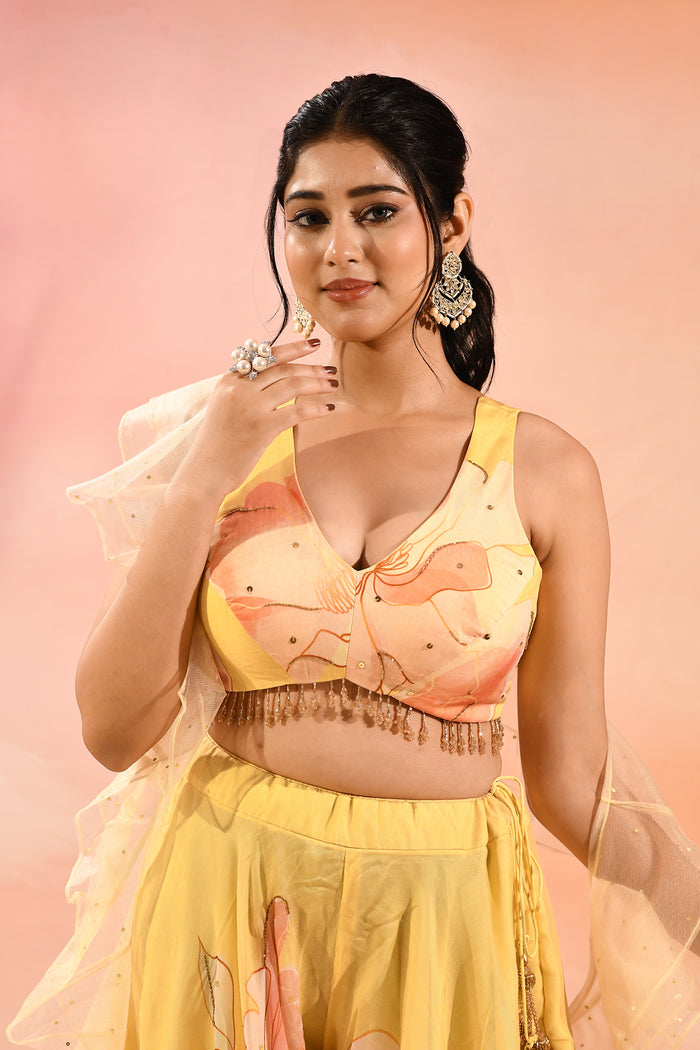 Lemon Yellow Floral Organza Indo Western Set