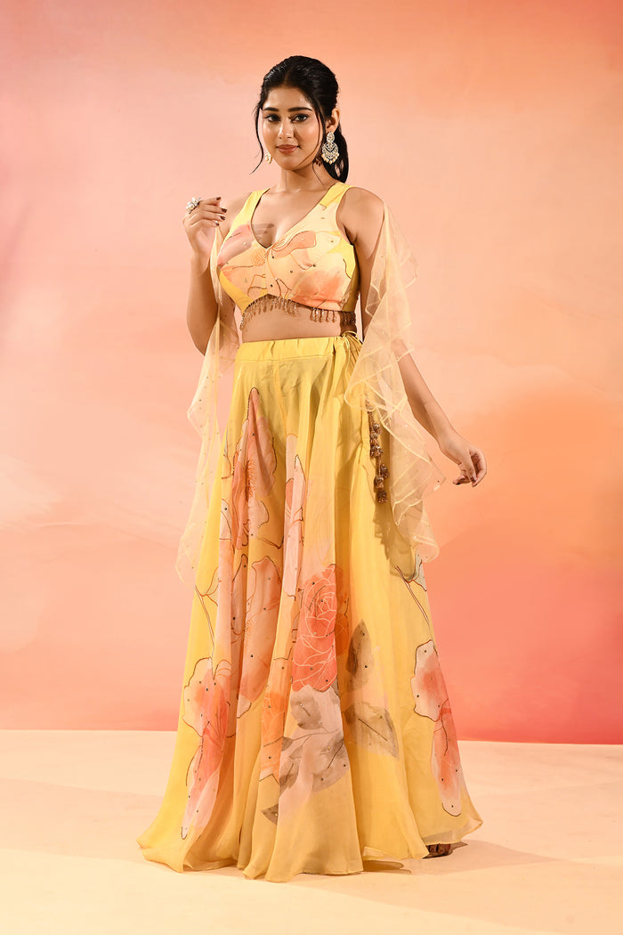 Lemon Yellow Floral Organza Indo Western Set