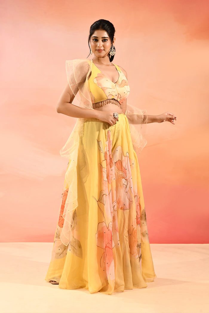 Lemon Yellow Floral Organza Indo Western Set
