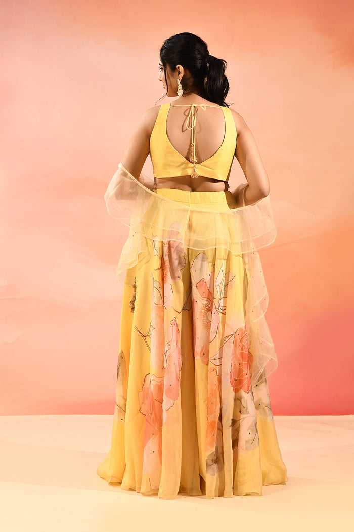 Lemon Yellow Floral Organza Indo Western Set