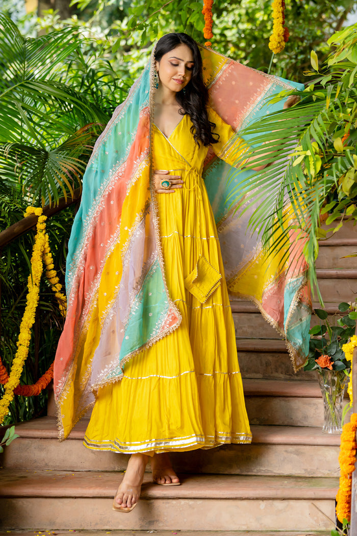 <img> Lemon Yellow Uppada Silk Solid Anarkali Set