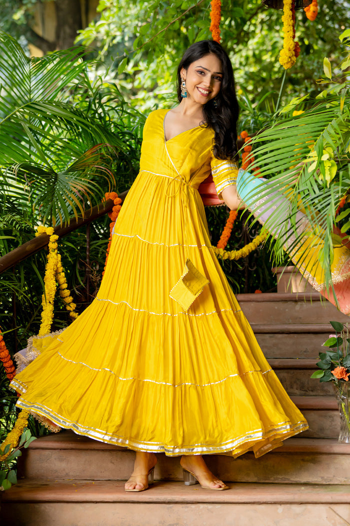 <img> Lemon Yellow Uppada Silk Solid Anarkali Set