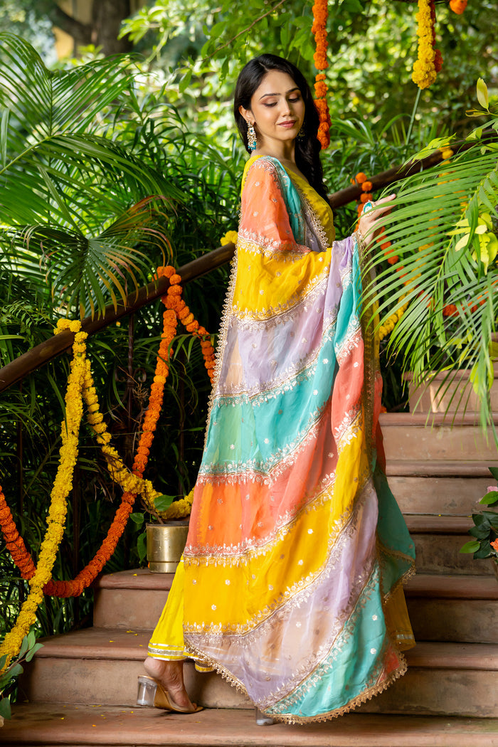 <img> Lemon Yellow Uppada Silk Solid Anarkali Set