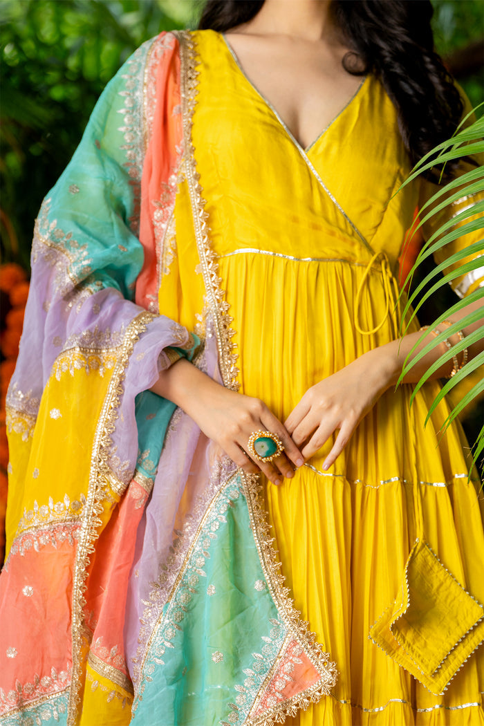 <img> Lemon Yellow Uppada Silk Solid Anarkali Set
