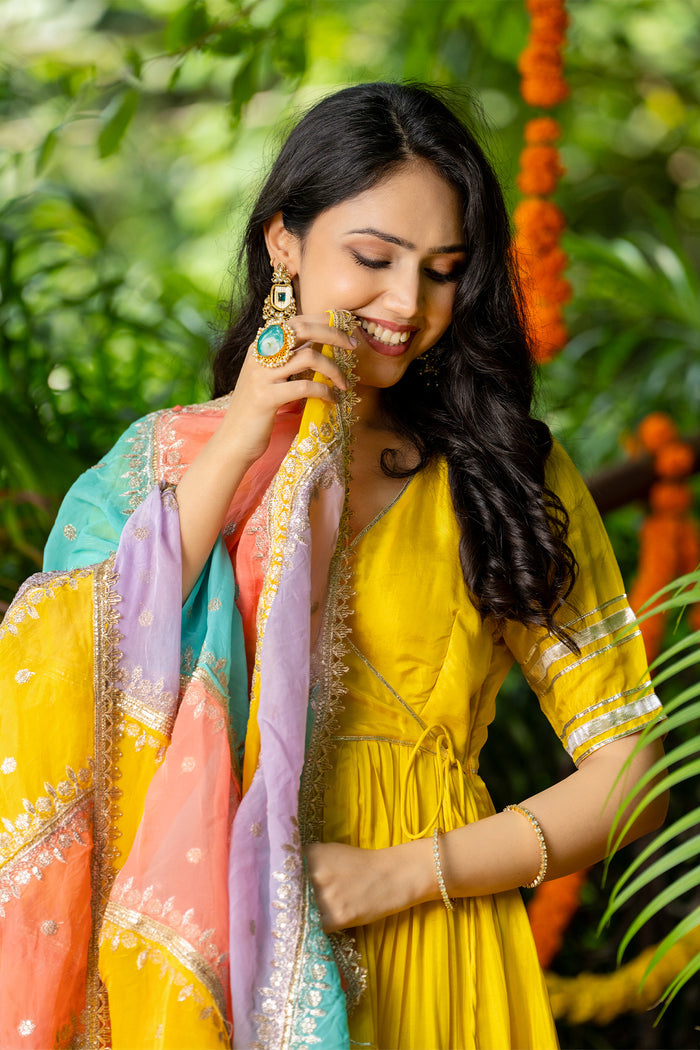 <img> Lemon Yellow Uppada Silk Solid Anarkali Set
