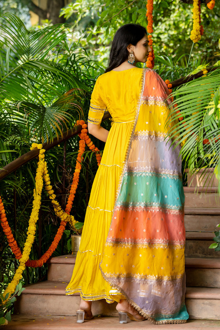 <img> Lemon Yellow Uppada Silk Solid Anarkali Set