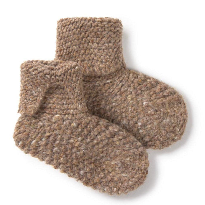 A pair of chunky hand-knit baby booties in a heathered brown and beige wool-like yarn, shown on a clean white background.