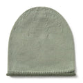 A light sage green knit beanie hat with a ribbed cuff, shown flat against a white background.