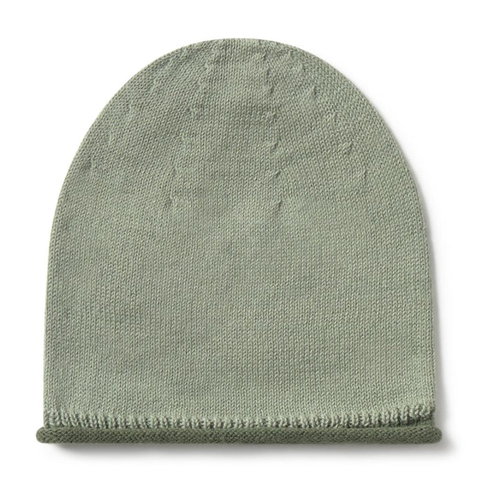 A light sage green knit beanie hat with a ribbed cuff, shown flat against a white background.