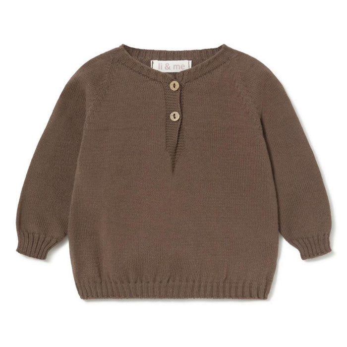 A brown ribbed knit baby sweater with three button details on the chest, displayed flat against a white background.