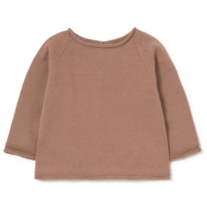 A long-sleeve knit top in a dusty rose or mauve color, laid flat against a solid white background.