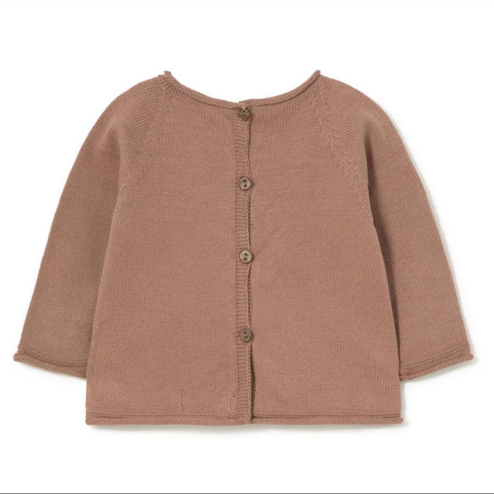 A dusty rose knit cardigan sweater with long sleeves and a button-up front, laid flat on a white background.
