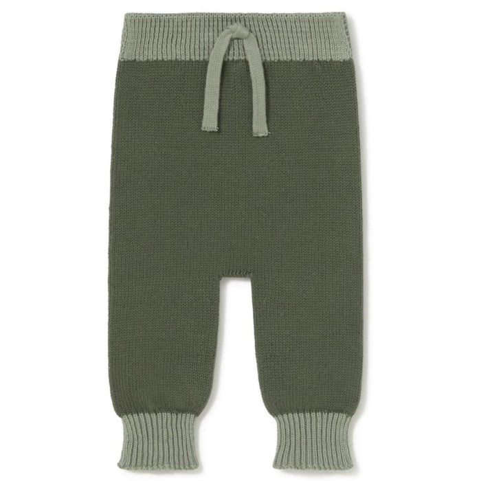 A pair of knit baby pants in olive green with a contrasting sage green waistband and drawstring, set against a plain white background.