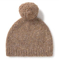 A brown knit beanie hat with a matching pom-pom, shown against a plain white background.