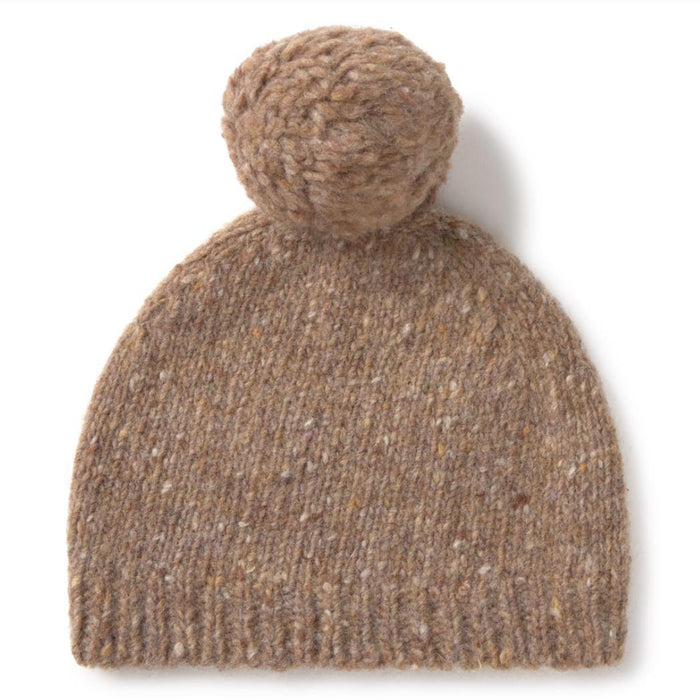 A brown knit beanie hat with a matching pom-pom, shown against a plain white background.