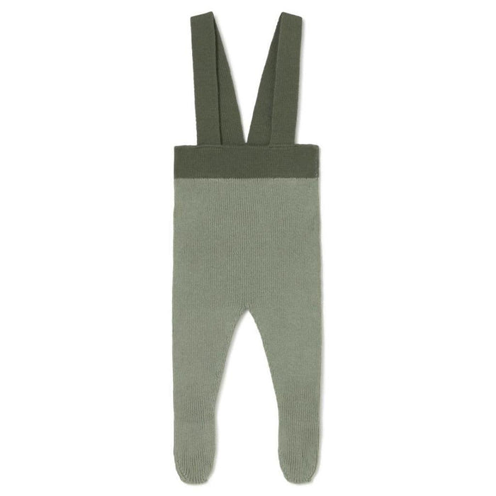 A pair of knit baby overalls in muted sage green, featuring wide shoulder straps and a matching waistband, shown flat against a plain white background.