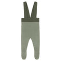 A pair of knit baby overalls in muted sage green, featuring wide shoulder straps and a matching waistband, shown flat against a plain white background.