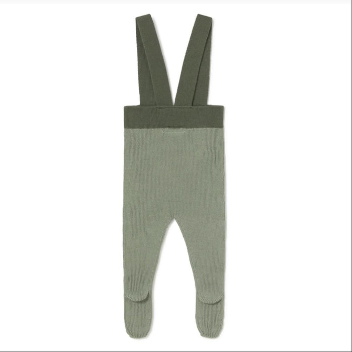 A pair of knit baby footed overalls in a muted sage green color, featuring wide shoulder straps and a ribbed waistband, shown flat against a white background.