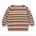 A children's long-sleeve knit sweater with horizontal stripes in brown, taupe, and cream, shown flat against a white background.