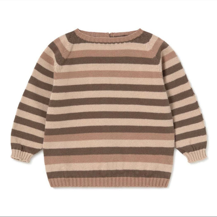 A children's long-sleeve knit sweater with horizontal stripes in brown, taupe, and cream, shown flat against a white background.
