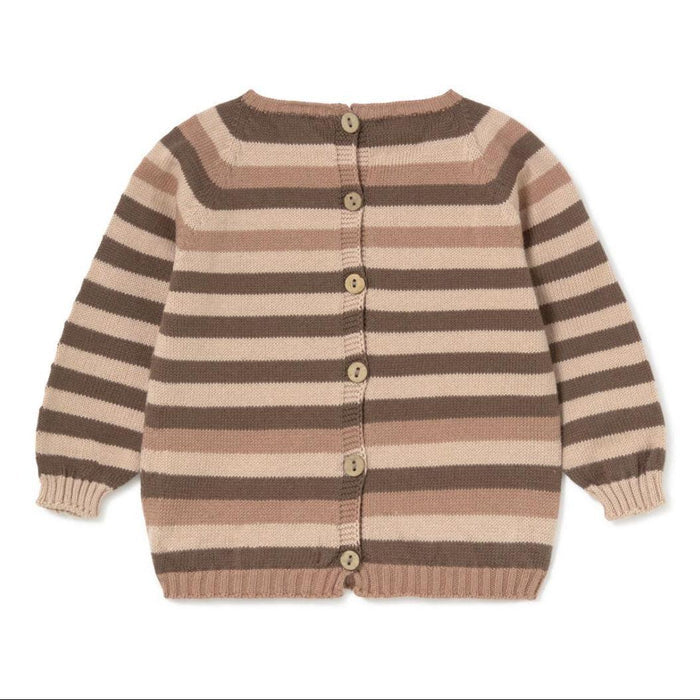 A children's knit cardigan sweater with horizontal stripes in brown and beige, featuring a button-up front with wooden buttons and ribbed cuffs and hem.